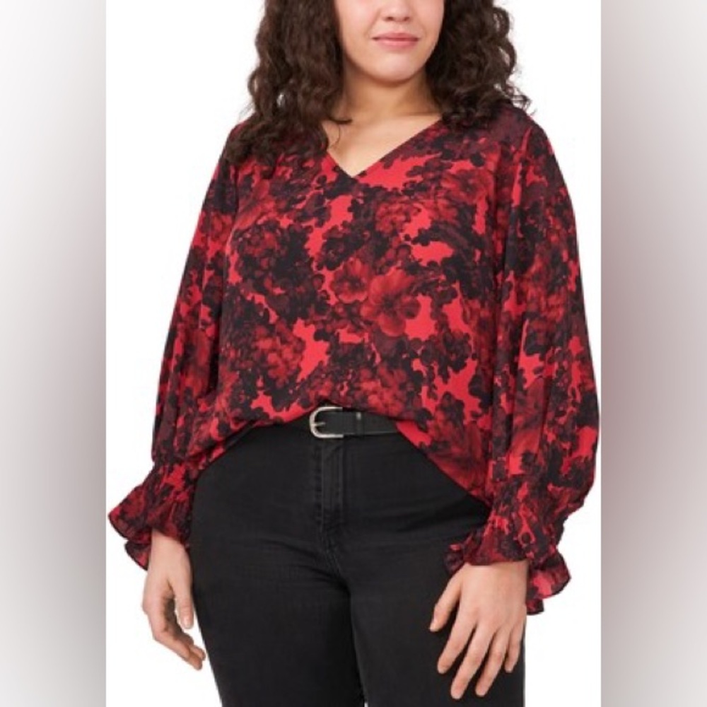 Vince Camuto V Neck Floral Red and Black Women's Top Size 3X